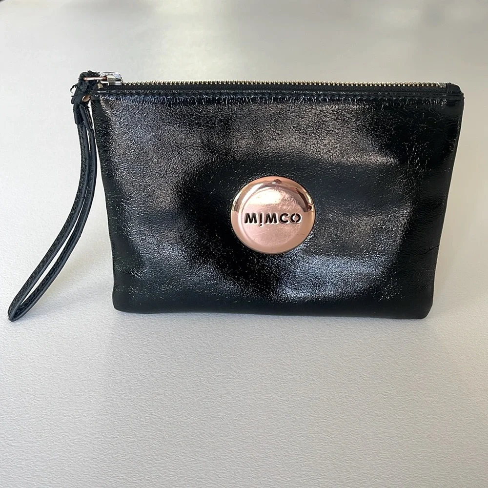 Mimco Australia Lovely Medium Pouch in Black Rosegold, Leather Outer, 8